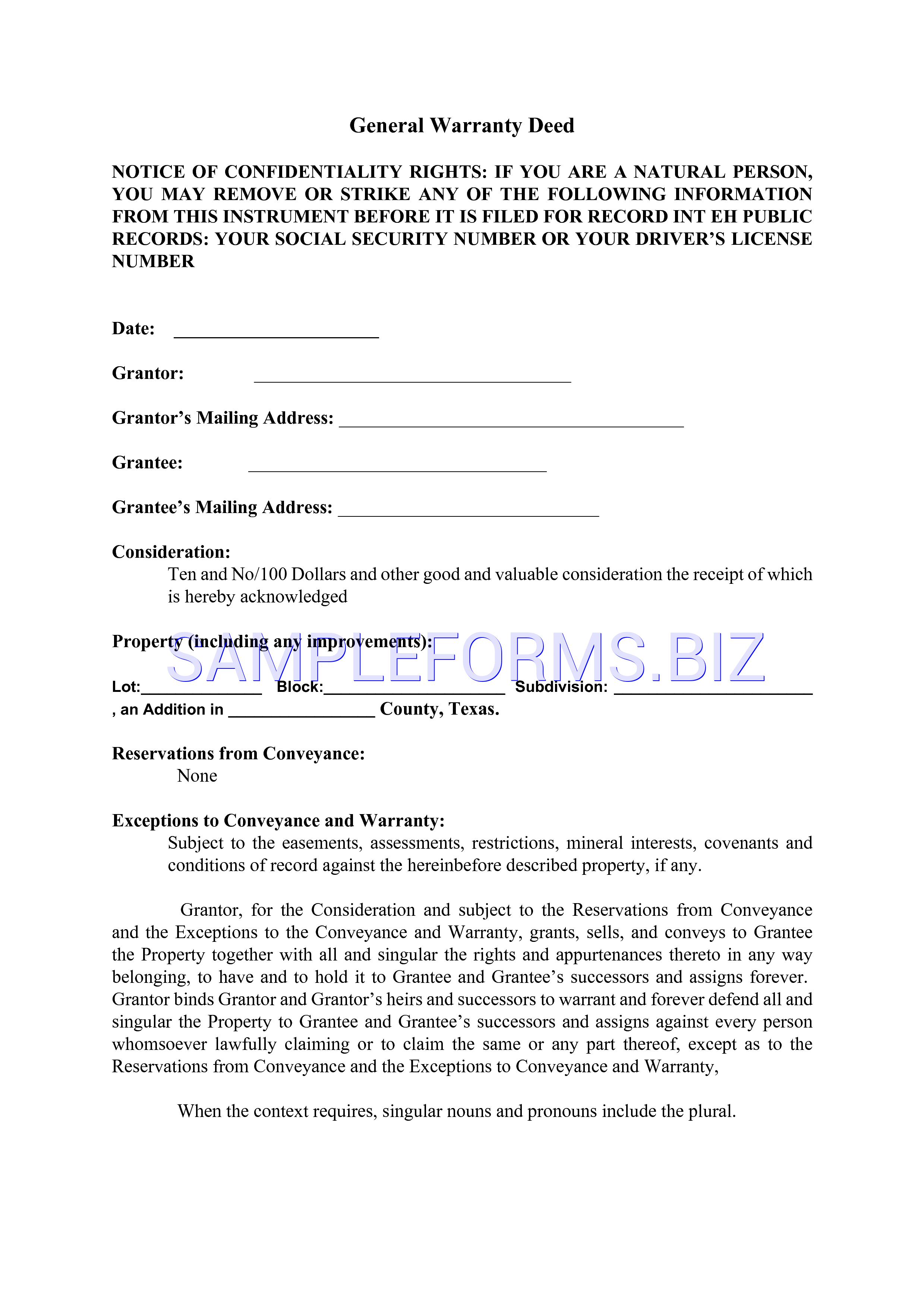 Preview free downloadable Texas General Warranty Deed in PDF (page 1)